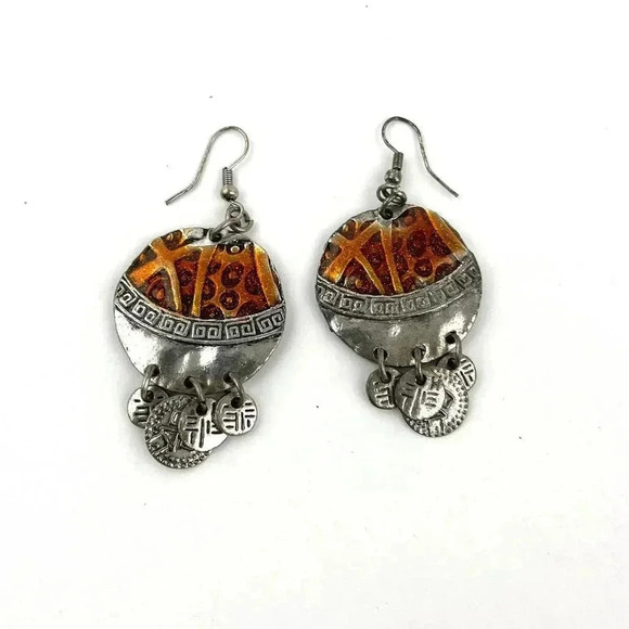 Silver Tone Metal Dangle Round Earrings Two Tone Design Unique - Picture 8 of 8